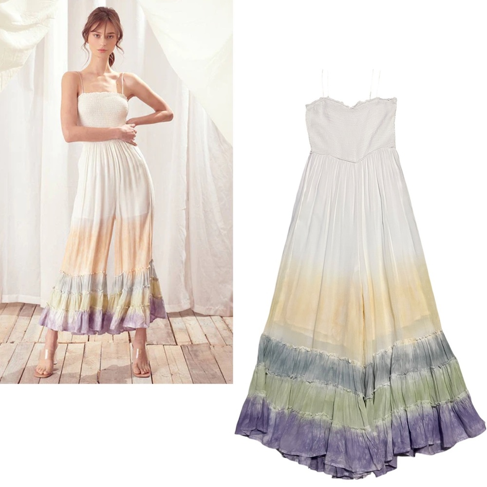 STORIA NWT Boho Multi-Color Tie-Dye Tiered Ruffled Hem Wide Leg Jumpsuit L